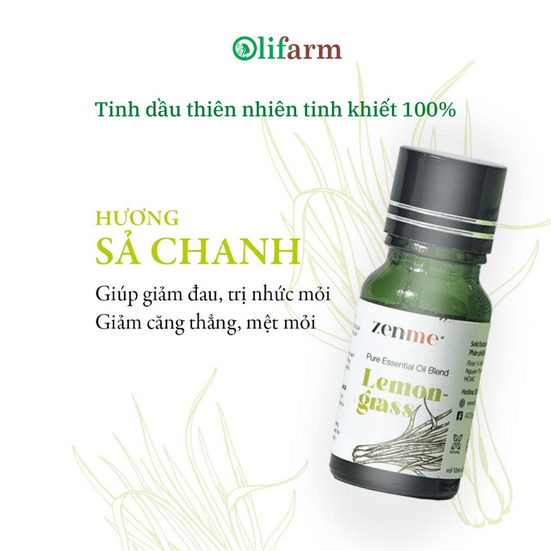 Tinh dầu Sả Chanh tinh chất thảo dược Zenme 10ml - thơm cay nồng của sả và dịu mát của chanh giúp tâm trí thư giãn