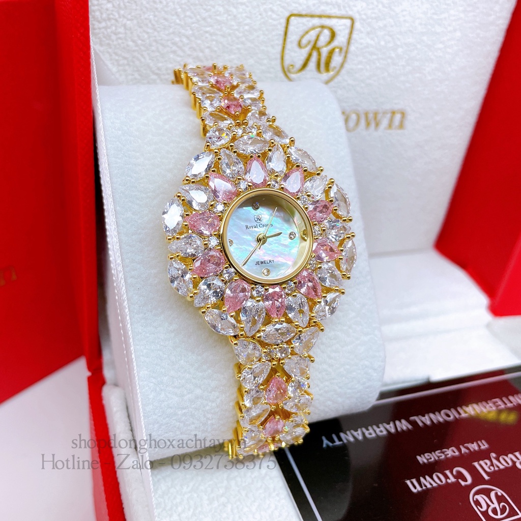 Đồng Hồ Nữ Royal Crown 2035 Đá Trắng Hồng Gold 34mm