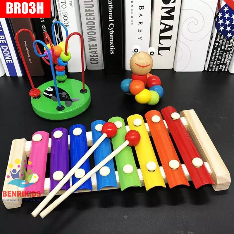 Bộ 3 Món Đồ Chơi Bằng Gỗ BR03H Montessori Cho Bé Phát Triển Các Kỹ Năng Cơ Bản: Con Sâu Gỗ, Đàn Xylophone, Luồn Hạt Mini