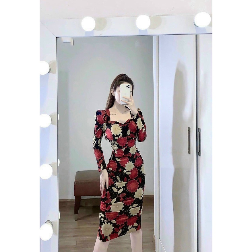 Đầm thân dài dáng body phối hoa siêu sang trọng quý phái mặc dự tiệc xinh