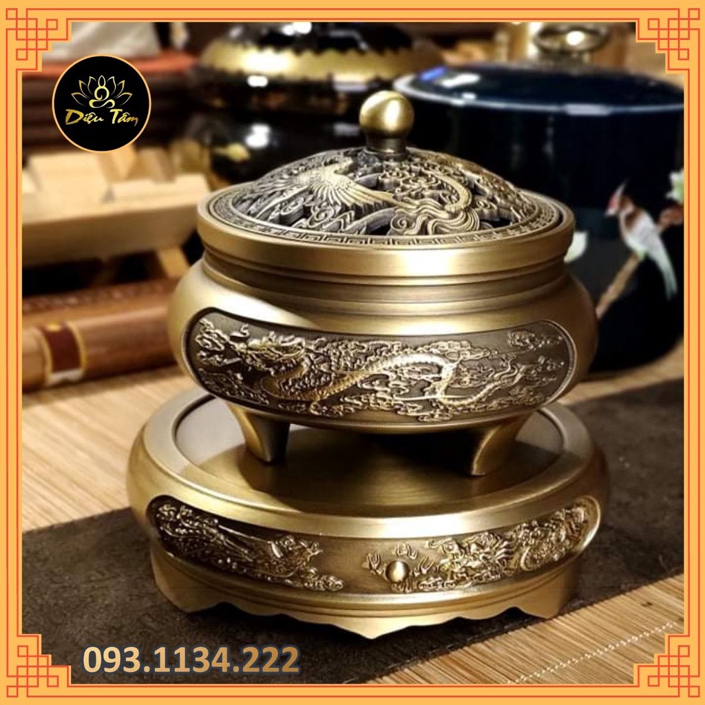 Lư xông trầm bằng đồng nguyên chất khắc hình rồng phượng ưu đãi combo nhang vòng/ trầm nụ