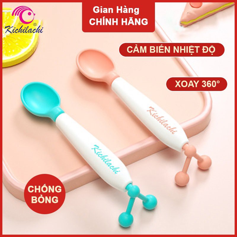 Thìa ăn dặm CẢM BIẾN NHIỆT xoay 360 độ Kichilachi Chính Hãng an toàn cho bé