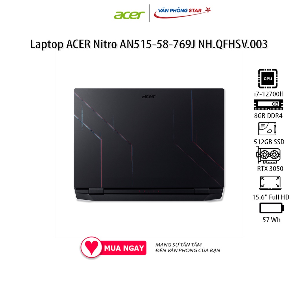 Laptop ACER Nitro AN515-58-769J NH.QFHSV.003 (15.6&quot; Full HD/ 144Hz/Intel Core i7-12700H/8GB/512GB SSD/NVIDIA RTX 3050