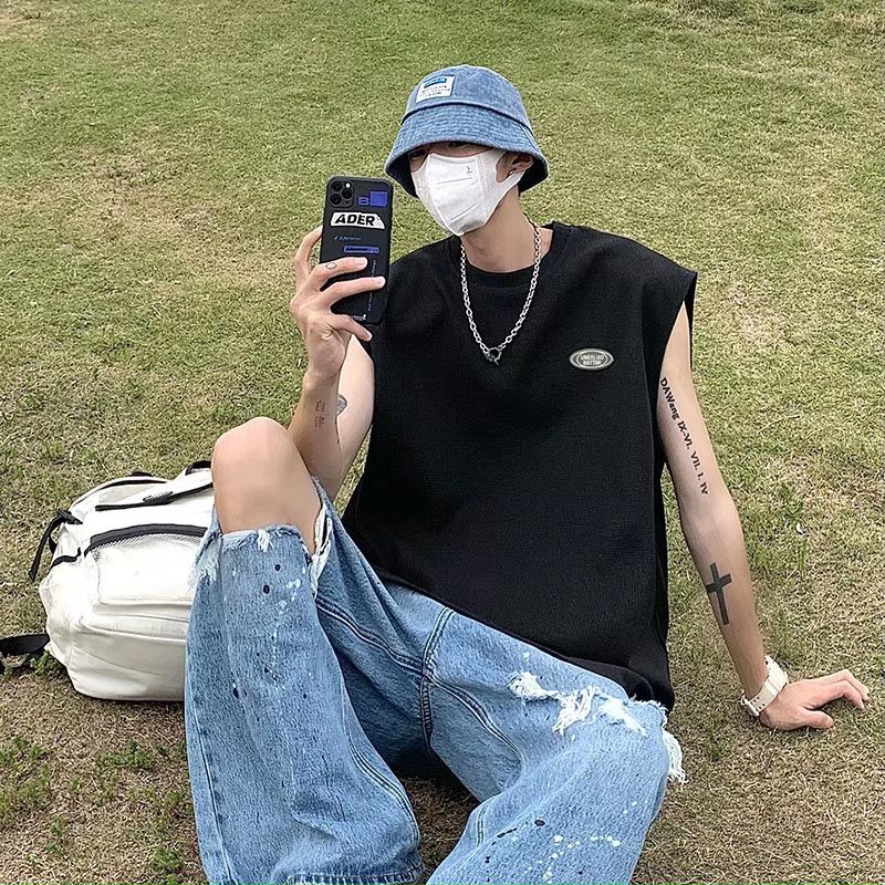 Áo Sweater Dệt Kim Sát Nách Dáng Rộng Màu Sắc Đơn Giản Phong Cách Harajuku Cho Nam