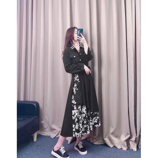 Đầm sơ mi phối hoa trắng