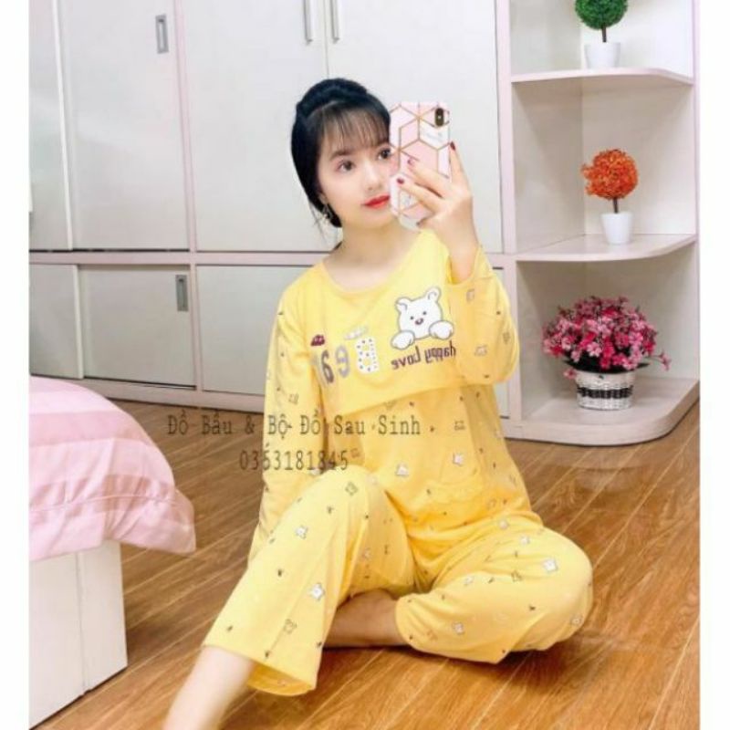 Bộ Quần Áo Bầu Và Sau Sinh Vải Cotton Mở Nắp Ngực Cho Bé Bú 45-65kg