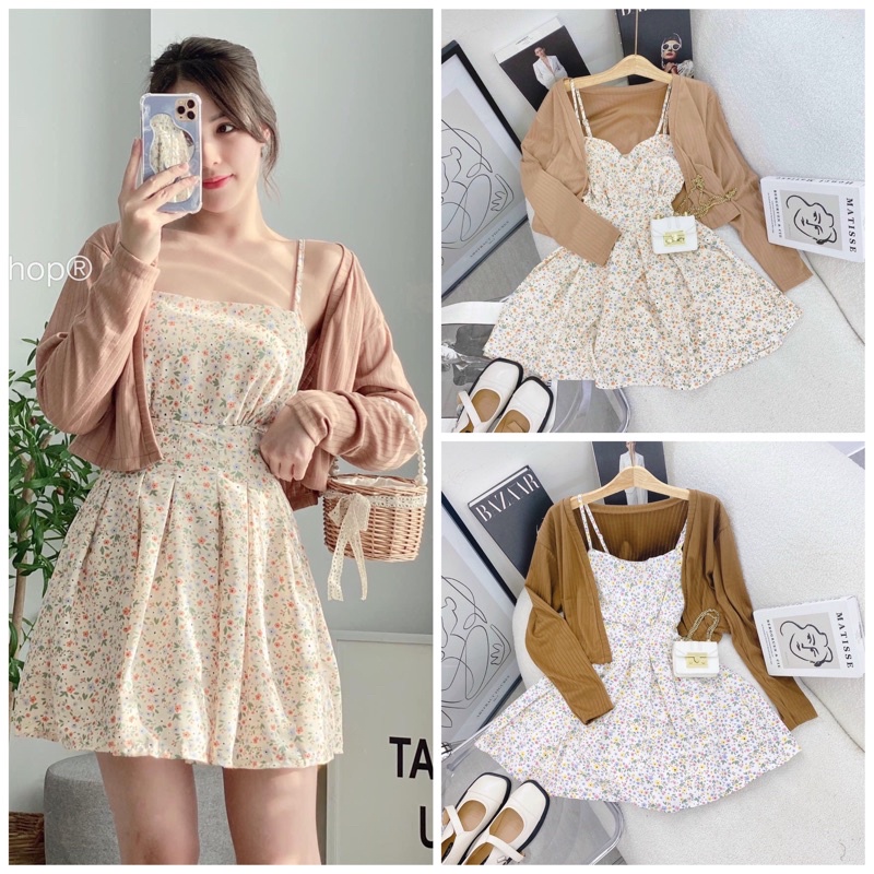 SET Đầm 2 dây hoa nhí tùng xòe kèm Áo khoác màu nâu NÀNG CLOSET