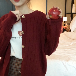 Áo Khoác Len Cardigan Dáng Rộng Ngắn Cài Khuy Hình Trái Tim Màu Trắng / Đỏ Phong Cách Hàn Quốc Ngọt Ngào