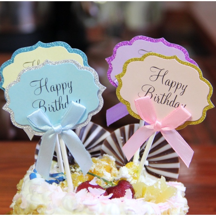 Que Cắm Thẻ Giấy Trang Trí  Bánh Sinh Nhật, Bánh GATO, Món Ăn  - Chữ Happy Birthday Kèm Nơ