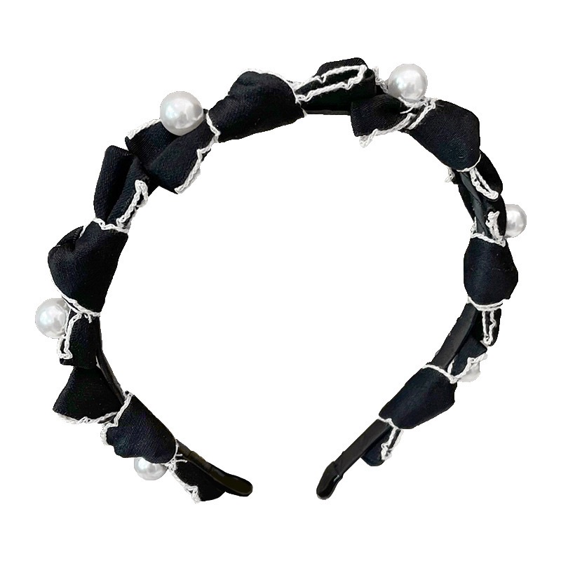 Cài tóc tiểu thư buộc vải lụa mịn viền đen trắng đính hạt B41