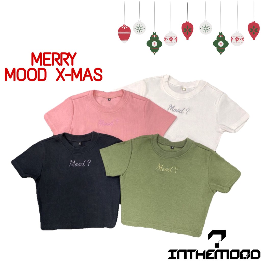 Áo croptop ngắn tay màu xanh rêu thêu chữ - Mood? Green Croptop