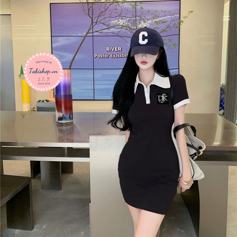 Váy polo nữ phối cổ TABISHOP váy body tay ngắn thêu chữ DK vải thun co giãn thoải mái