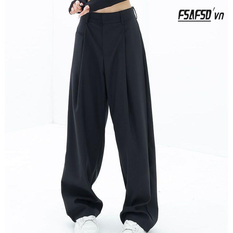 Quần Dài Ống Rộng Lưng Cao Màu Đen Thời Trang Cá Tính Cho Nữ
