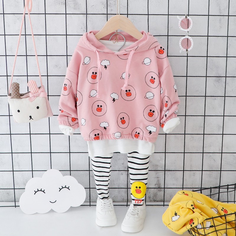 Bộ áo nỉ hoodie + quần dài in hình vịt cho bé gái