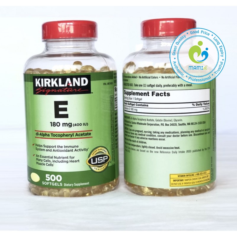 Vitamin E thiên nhiên (500v) làm sáng da, ngăn ngừa lão hóa cho phụ nữ trên 12 tuổi Kirkland Signature 400 I.U, USA