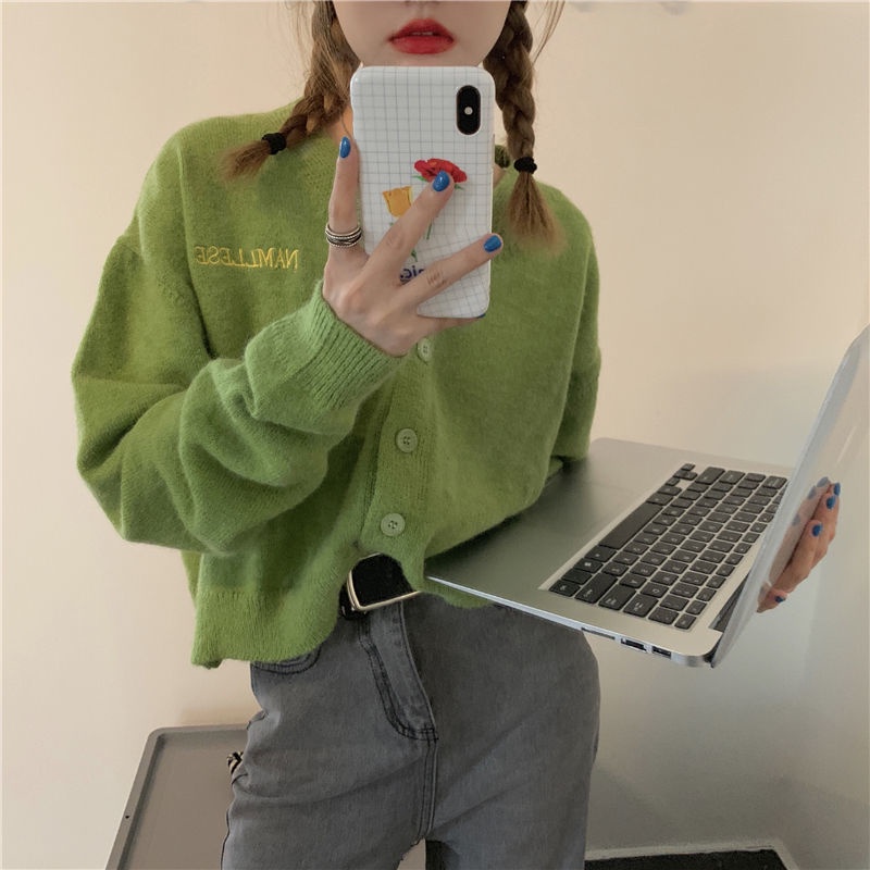 Áo khoác cardigan dệt kim tay dài thêu chữ phong cách Hàn Quốc kiểu mới dành cho bạn nữ