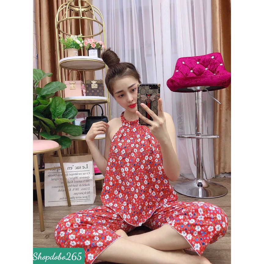 Set đồ nữ,đồ bộ nữ mặc nhà cổ yếm xinh vải lụa họa tiết dễ thương size 45-53kg.