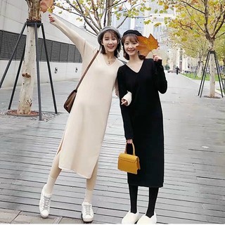 Váy suông dài tay cổ tim kiểu hàn