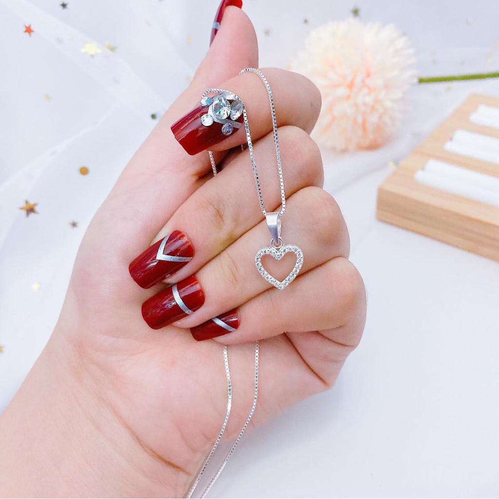 dây bạc nữ , dây chuyền trái tim đính đá xung quanh - ts bạc đẹp nguyên chất