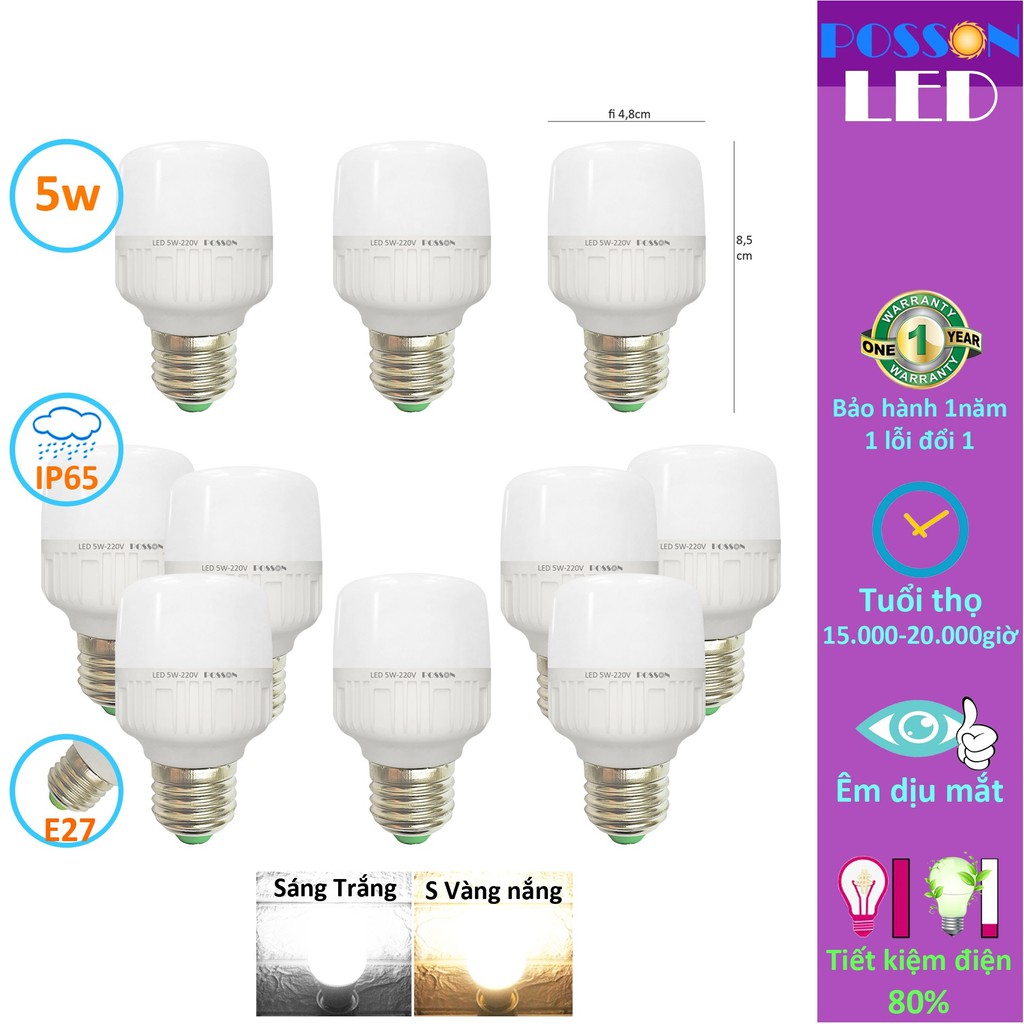 Sỉ 100 Bóng đèn Led trụ 5w bup trụ tiết kiệm điện kín chống nước Posson SG LC-5x