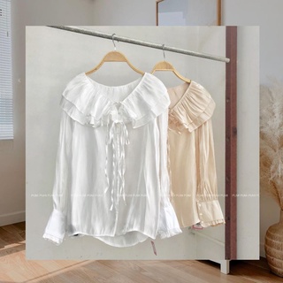 Áo kiểu nữ vải nhũ cổ bèo cột nơ và gài 2 nút trước trước màu trắng kem freesize Pumi