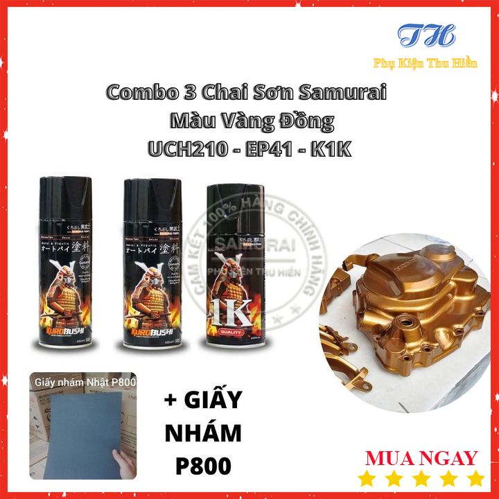 Combo 3 ChaI Sơn Samurai Màu Vàng Đồng Chính Hãng Gồm:  UCH210 - EP41 - K1K - P800 ( Kèm Giấy Nhám )