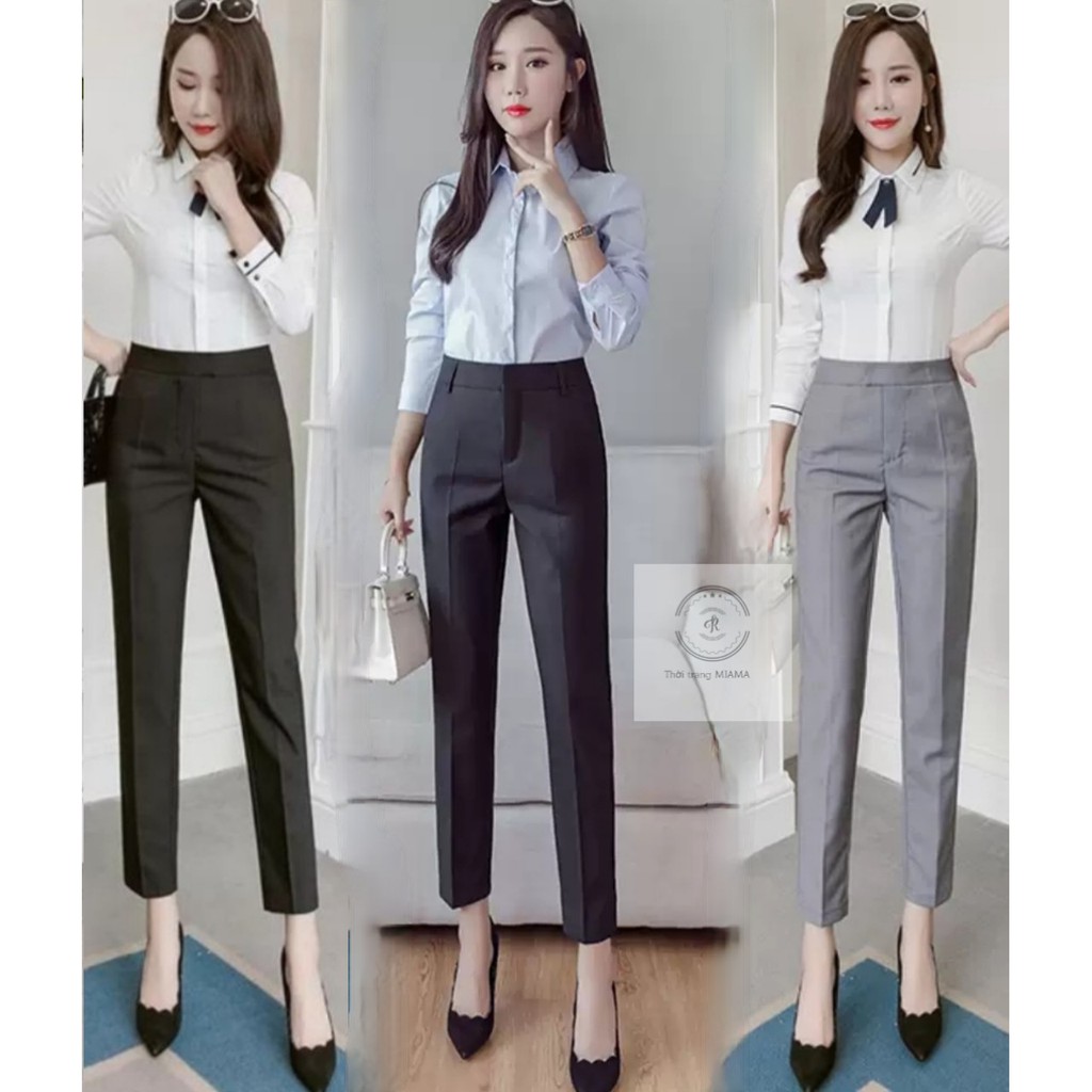 Quần tây nữ công sở cao cấp ống dài thiết kế chất vải 2 biên kiểu dáng Quần baggy đi học xanh đen cúc lệnh ảnh thật sau