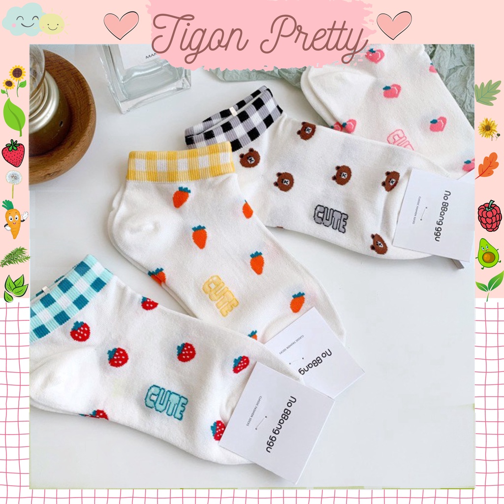 Tất Vớ cổ thấp nữ Dễ thương In hình Trái cây Cổ thuyền Cotton Nhật Bản