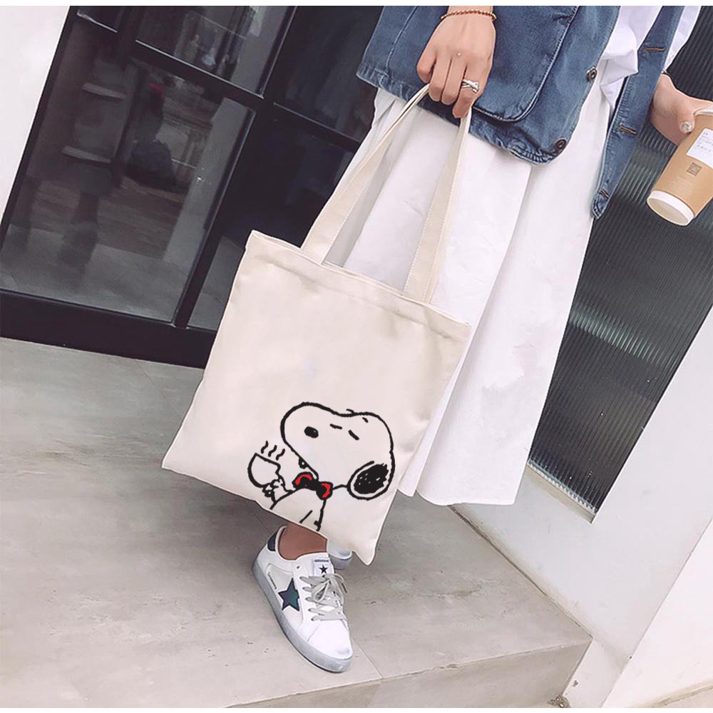 Túi tote vải mộc GINKO dây kéo in hình Snoopy and Friends M102