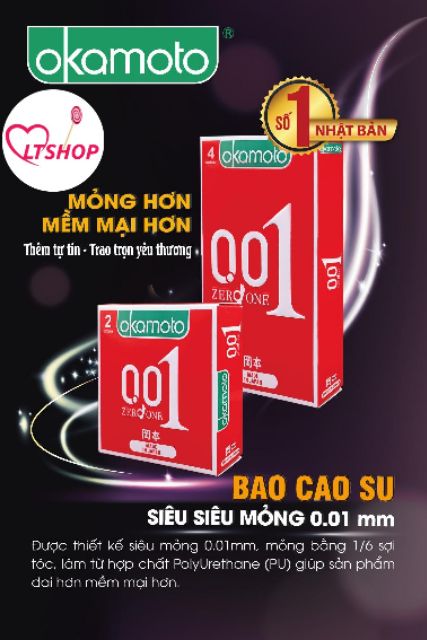 Bao cao su  Okamoto 001mm siêu mỏng truyền nhiệtnhanh hộp 2 cái