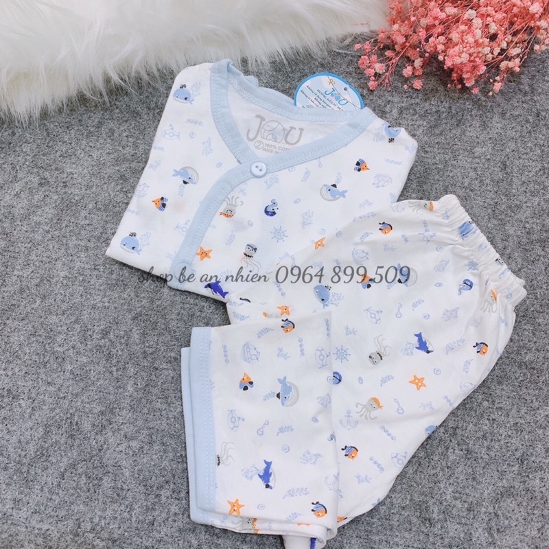 Bộ tay dài jou in rơi cho bé 3-8kg-Bộ quần áo cotton 100%