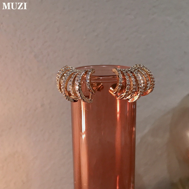 Khuyên tai mạ bạc 925 hình chữ C đính đá thời trang Hàn Quốc