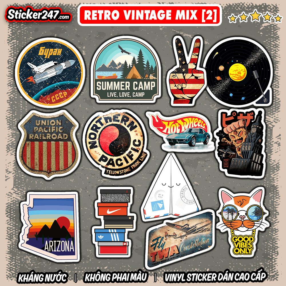 Sticker Retro Vintage Mix chủ đề [2] 𝑭𝒓𝒆𝒆𝒔𝒉𝒊𝒑 chống nước, hình decal dán laptop, ipad, mũ bảo hiểm,vali, guitar, ipad
