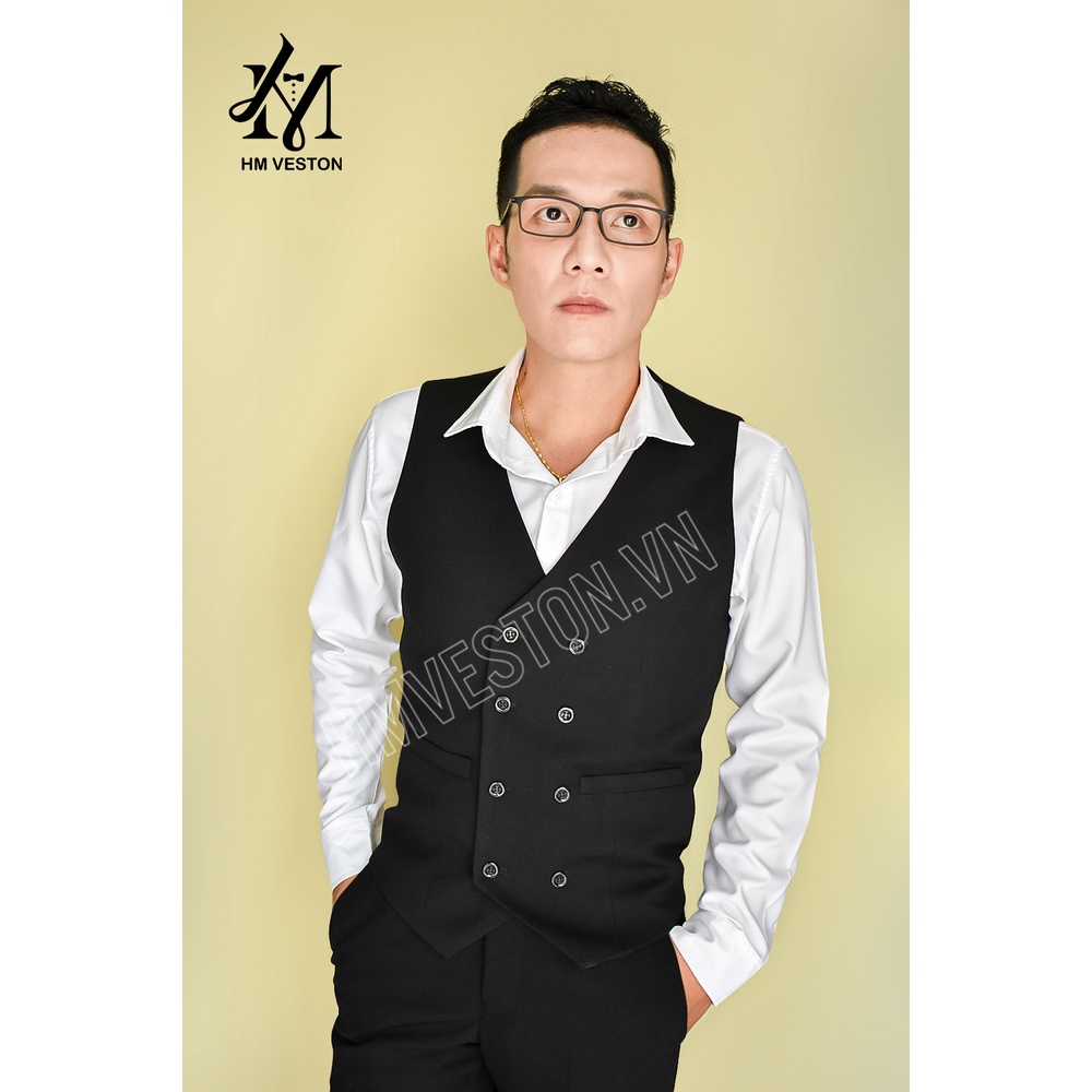 Áo gile nam màu đen 8 nút form ôm body + nơ đen