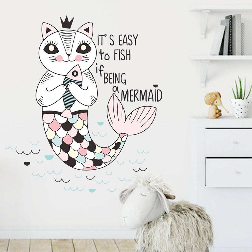 【Green】Cartoon Kitten Mermaid Wall Sticker Kids Room Self-adhesive Background Decals