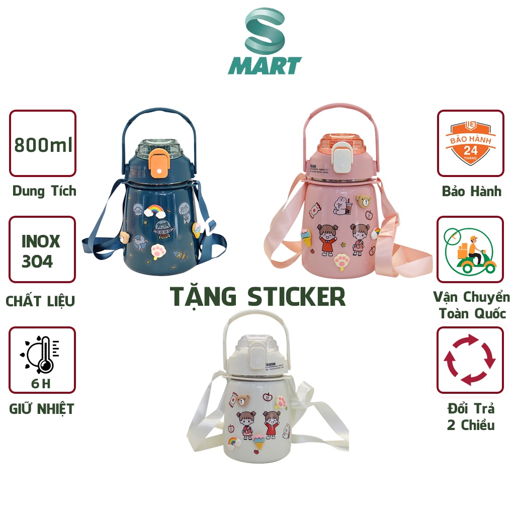 Bình giữ nhiệt 1000ml bình nước có ống hút giữ nhiệt 12h tặng Sticker trang trí