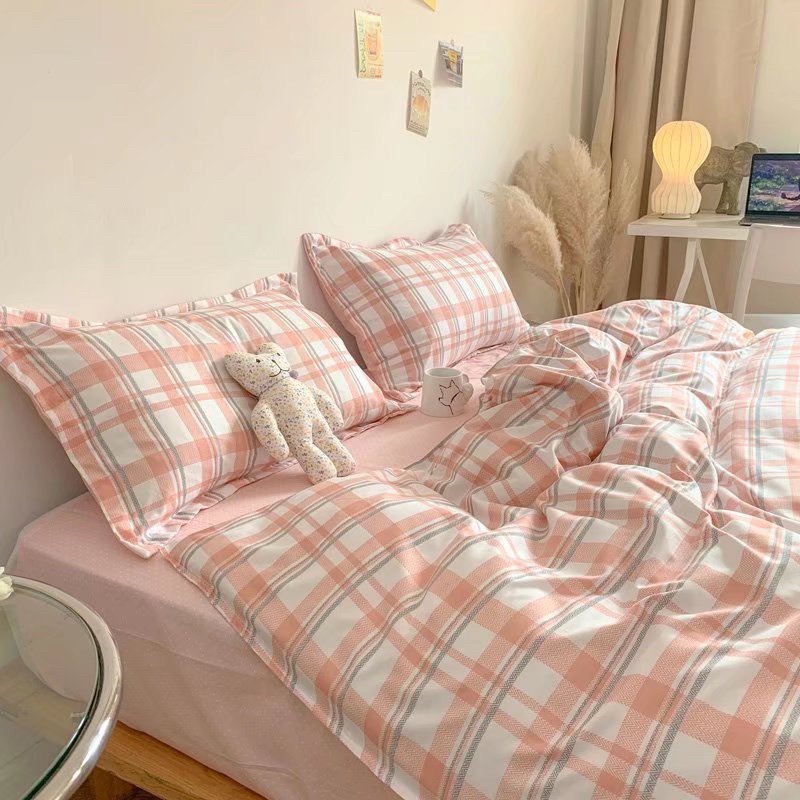 ☀Bộ Chăn Ga Gối⚡Cotton mịn poly kẻ hồng nhẹ nhàng nữ tính tông màu ấm áp tặng kèm vỏ gối ôm cùng bộ