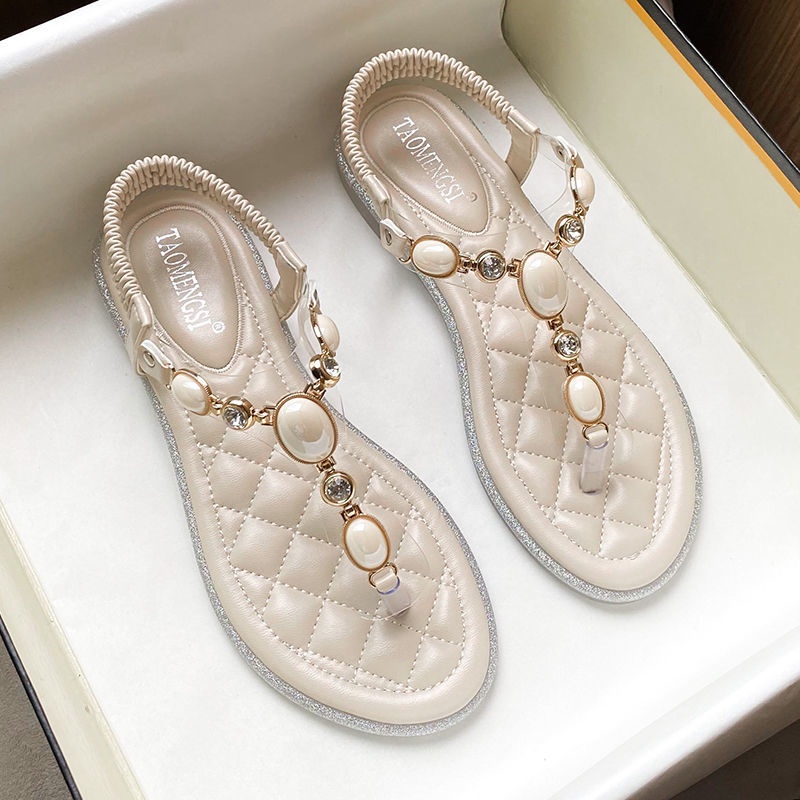 Xinng-tang-tang ̅ Giày Sandal Đế Bằng Mềm Đính Đá Phong Cách Mùa Hè Mới Dễ Phối Đồ Đi Biển Thời Trang Mùa Hè Cho Nữ