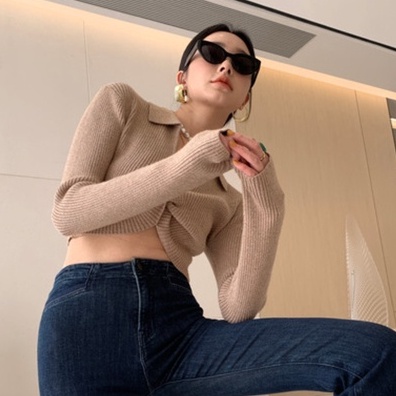 【ZHELIHANGFEI】Áo Dệt Kim Tay Dài Eo Cao Quyến Rũ Trẻ Trung Cho Bạn Gái