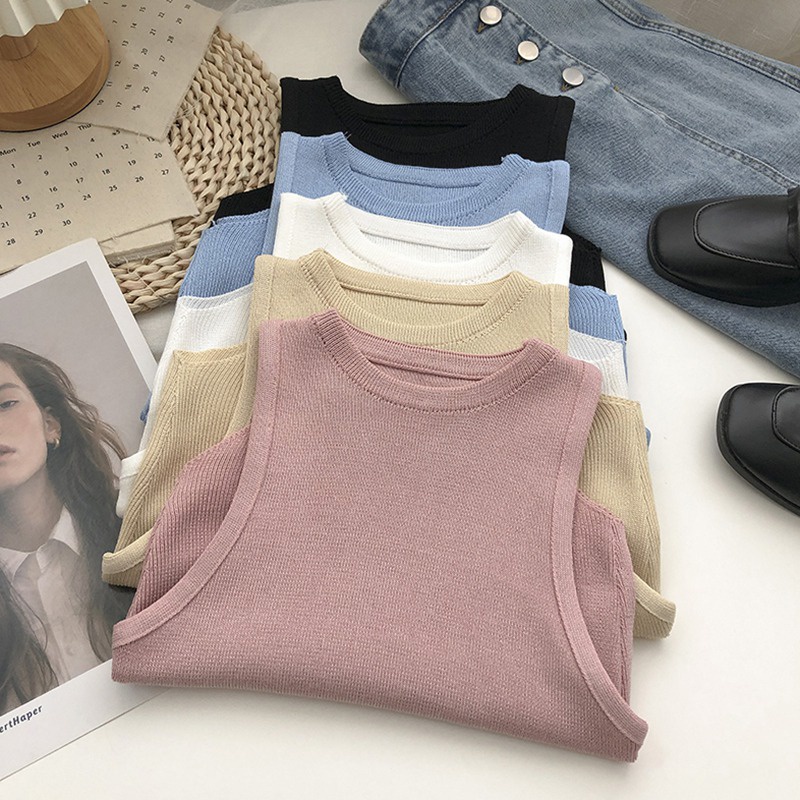 Áo Tank Top Dệt Kim Không Tay Cổ Tròn Thời Trang Cho Nữ