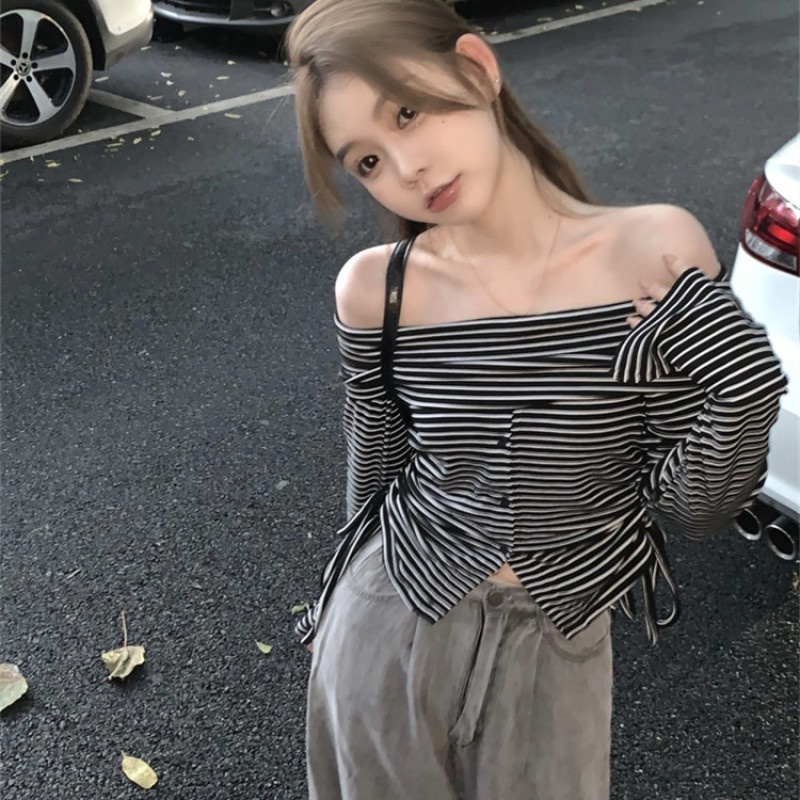 Áo Thun Dài Tay Phối Dây Rút Hoa Văn Kẻ Sọc Thời Trang Dành Cho Nữ