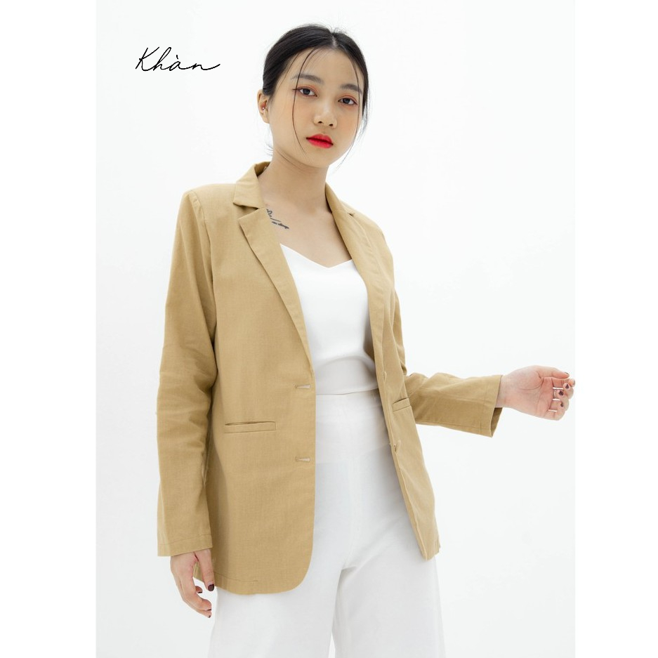 Áo vest nữ blazer KHÀN chất liệu linen màu be tay dài 1 lớp thời trang công sở Hàn Quốc