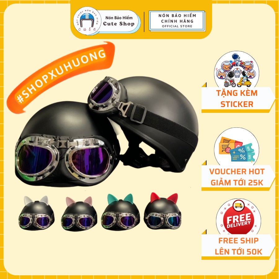 Nón Bảo Hiểm Nửa Đầu Đen Nhám, Nón Bảo Hiểm ½ Đầu Kèm Kính Phi Công Màu Trắng, Có Phụ Kiện Tai Mèo, Sừng Trang Trí CUTE