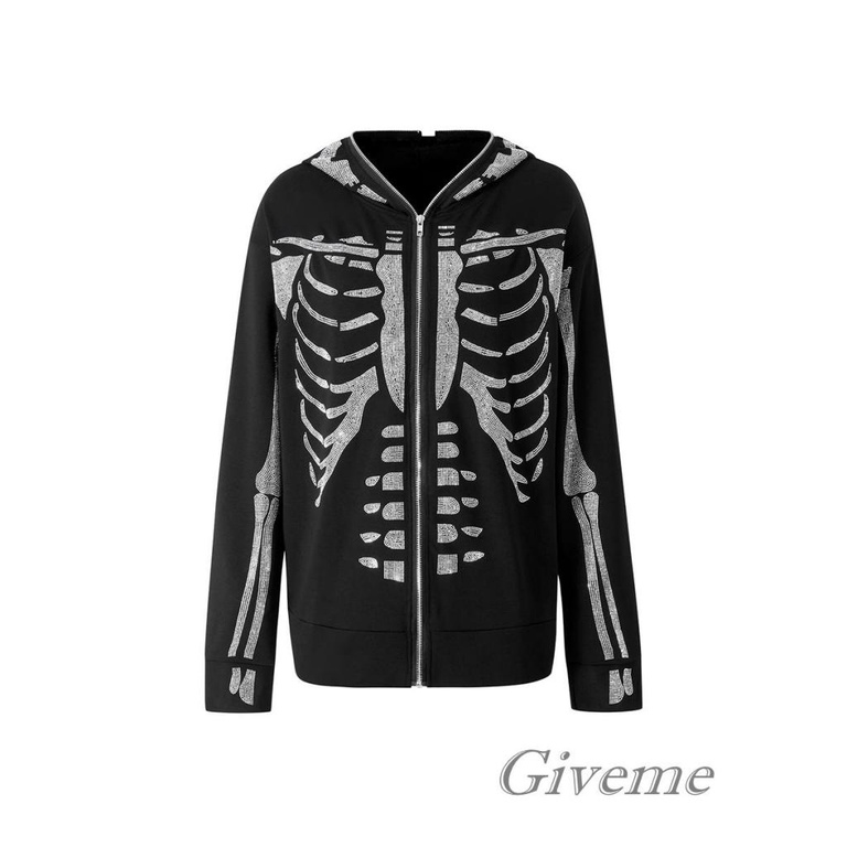 Áo Khoác Nỉ Dài Tay Có Khóa Kéo In Hình Bộ Xương Đính Đá Givenme Thời Trang Xuân Thu Cho Nữ