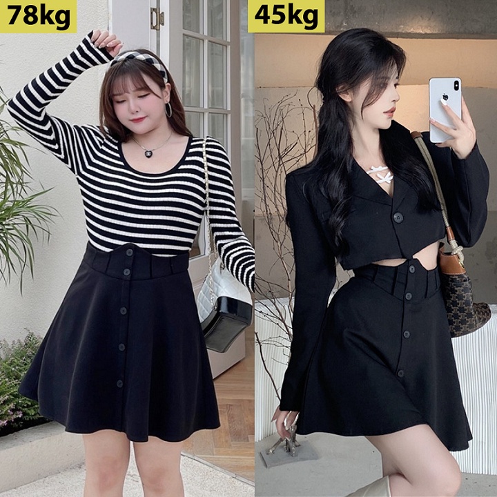 Chân váy xòe ngắn lưng cao NỊT BỤNG ôm eo có BIGSIZE màu đen trẻ trung năng động vải dày CV43