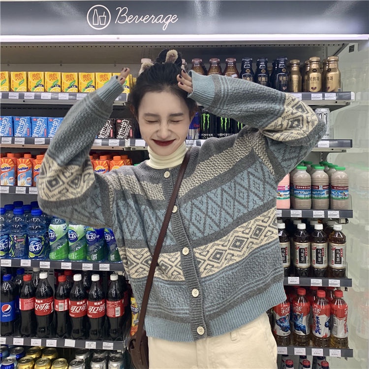 Áo khoác cardigan dệt kim tay dài màu sắc retro phong cách Hàn Quốc cho nữ