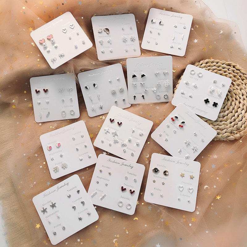 Set 7 đôi bông tai hình hoa/ mặt trăng kiểu dáng đơn giản dễ thương thời trang Nhật Hàn