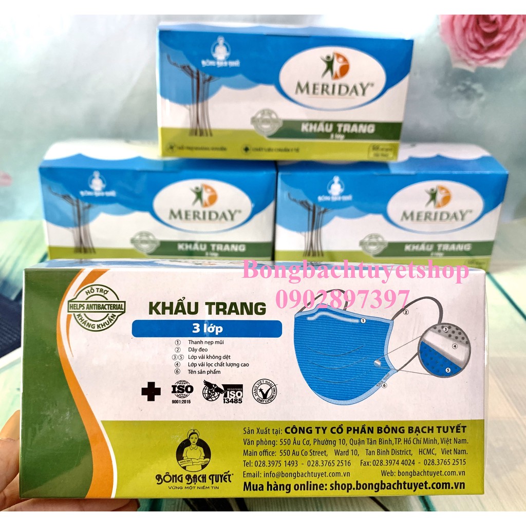 Khẩu trang y tế Meriday Xanh 3 lớp (50 cái/hộp) hỗ trợ kháng khuẩn - Chính hãng Bông Bạch Tuyết