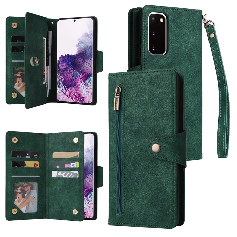 Ốp Điện Thoại Da Màu Đen Dạng Ví Nắp Lật Có Khóa Kéo Cho Samsung Galaxy S22 S21 S20 Plus Ultra S21 FE