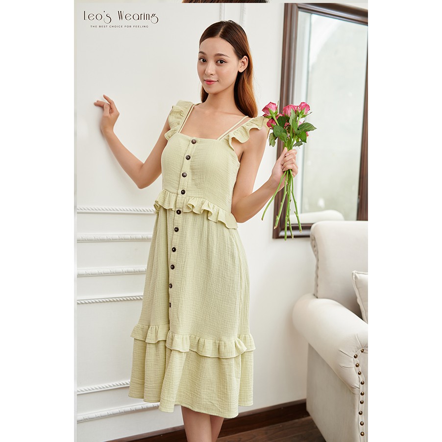 Đầm ngủ xô muslin LEOSWEARING váy 2 dây dáng suông chất mềm nhẹ màu xanh cốm có mút ngực hợp mặc ngủ, dạo phố M16